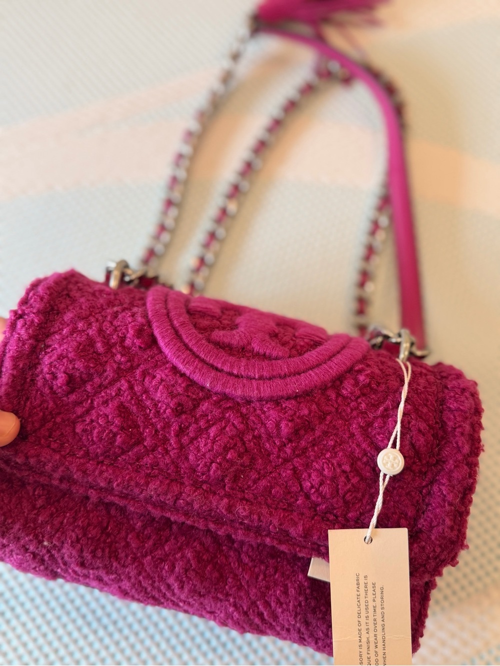 Tory Burch Magenta Quilted Bouclé Shoulder Bag with Chain Strap